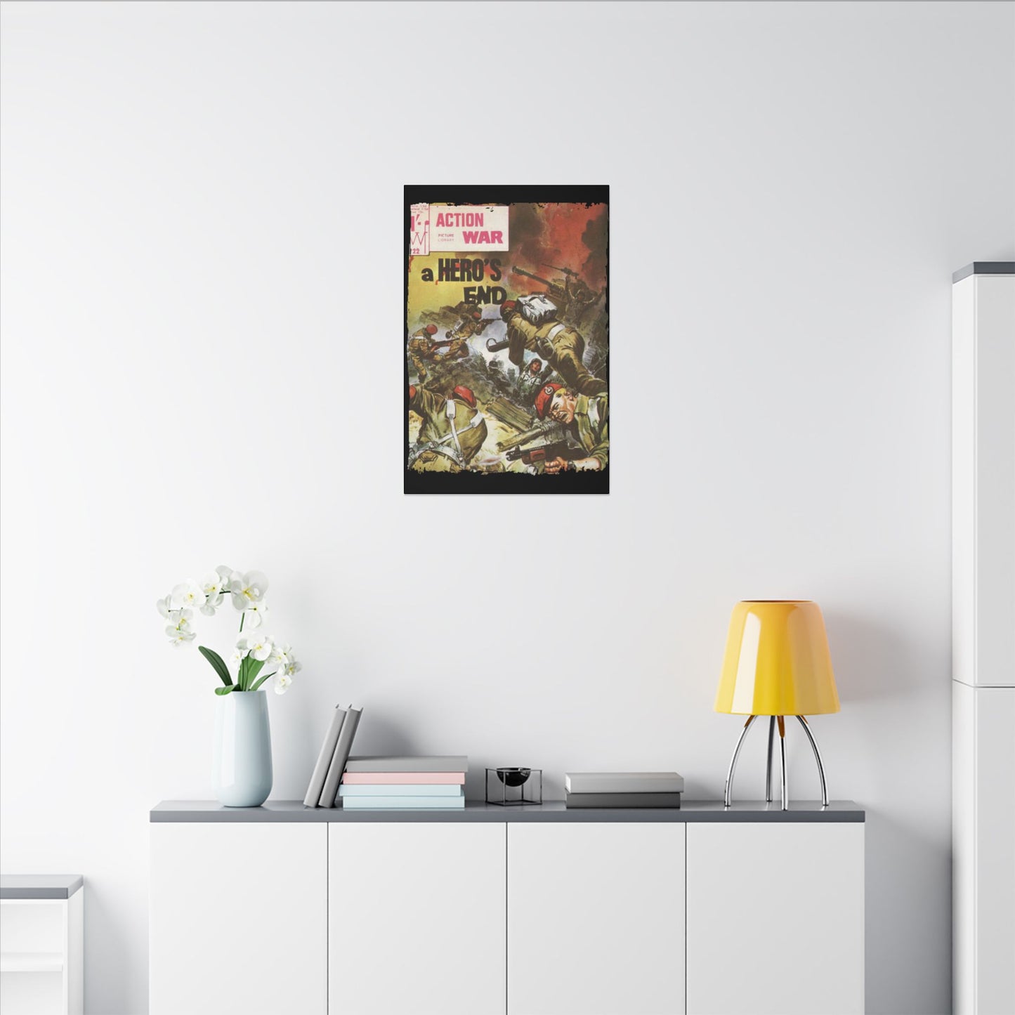 Close-up of the canvas texture highlighting detailed brushstrokes and vibrant color accents on the Action War #22 artwork.