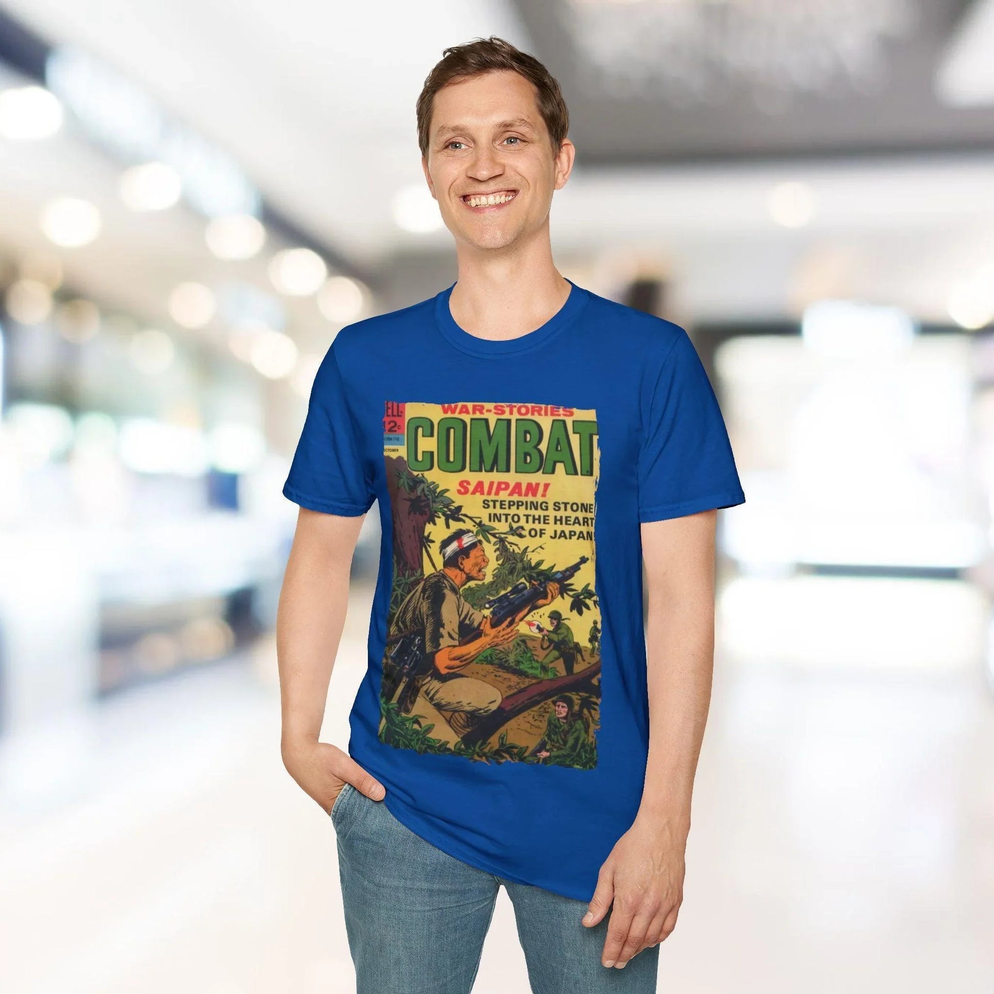 Close-up of the navy softstyle fabric showing subtle texture and reinforced neckline stitching detail.