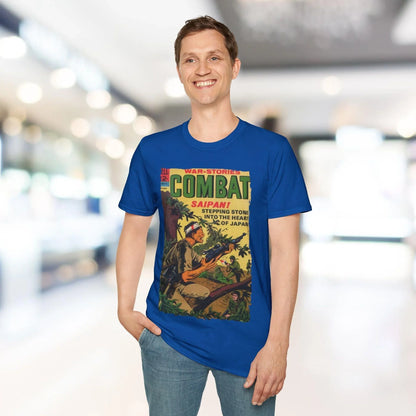 Close-up of the navy softstyle fabric showing subtle texture and reinforced neckline stitching detail.