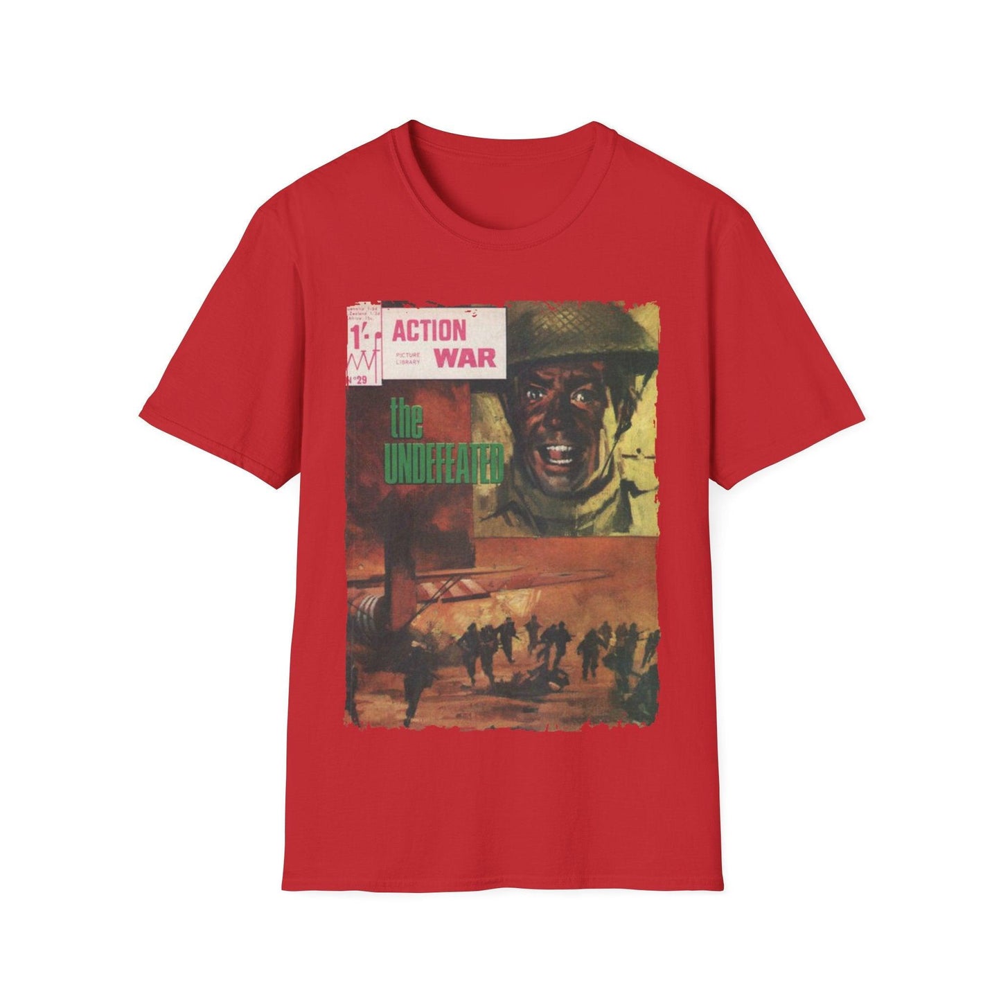 Close-up of the unisex softstyle T-shirt’s smooth fabric texture and subtle heather pattern in navy blue from a front angle