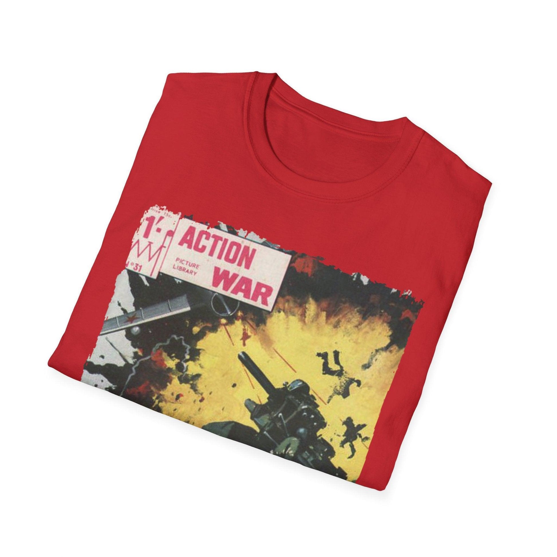 Close-up of the unisex softstyle T-shirt’s navy fabric showing smooth texture and subtle stitching detail around the