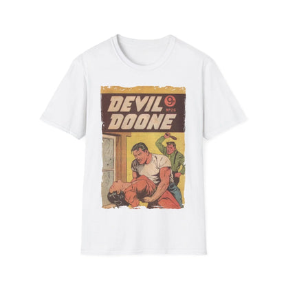 Close-up of the Devil Doone No.26 T-shirt fabric showing smooth heathered material and subtle stitching at the scoop