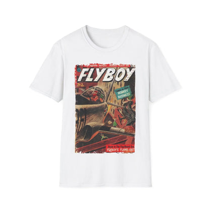 Close-up of the Flyboy No.2 unisex softstyle T-shirt's reinforced crew neckline and smooth fabric texture in vibrant navy