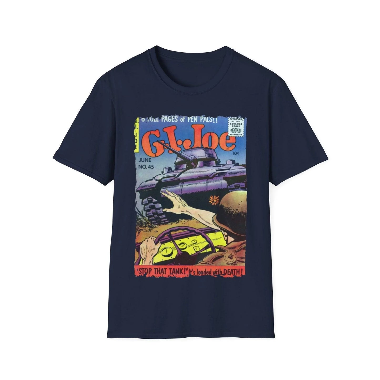 Close-up of the G.I. Joe No.45 unisex softstyle T-shirt’s crew neckline and smooth cotton fabric texture in vibrant black
