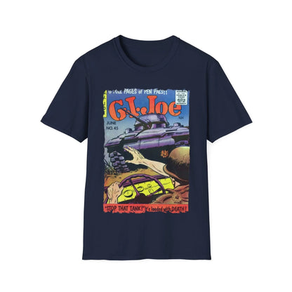 Close-up of the G.I. Joe No.45 unisex softstyle T-shirt’s crew neckline and smooth cotton fabric texture in vibrant black