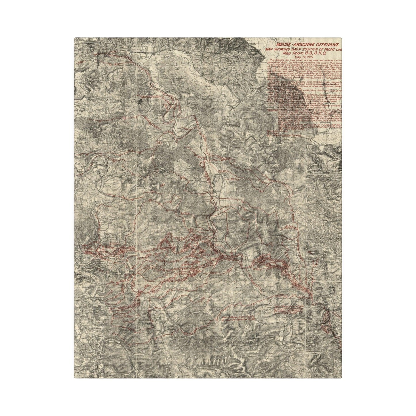 Close-up of detailed G.H.Q. handwritten annotations and map markings on the May 24, 1919, Meuse-Argonne Offensive Map Room