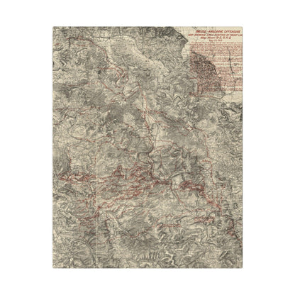 Close-up of detailed G.H.Q. handwritten annotations and map markings on the May 24, 1919, Meuse-Argonne Offensive Map Room