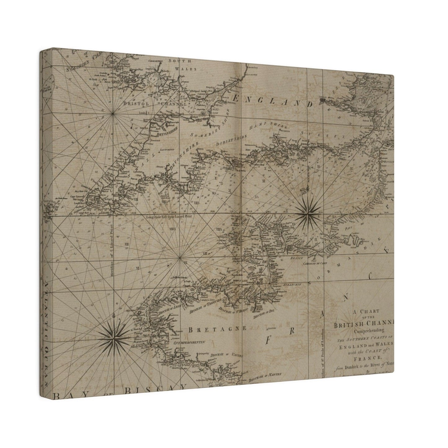 Close-up of the detailed hand-drawn British Channel map, highlighting intricate coastline markings and vintage cartographic