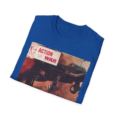 Close-up of the unisex softstyle T-shirt's relaxed fit, showcasing the heathered charcoal fabric and ribbed crew neckline