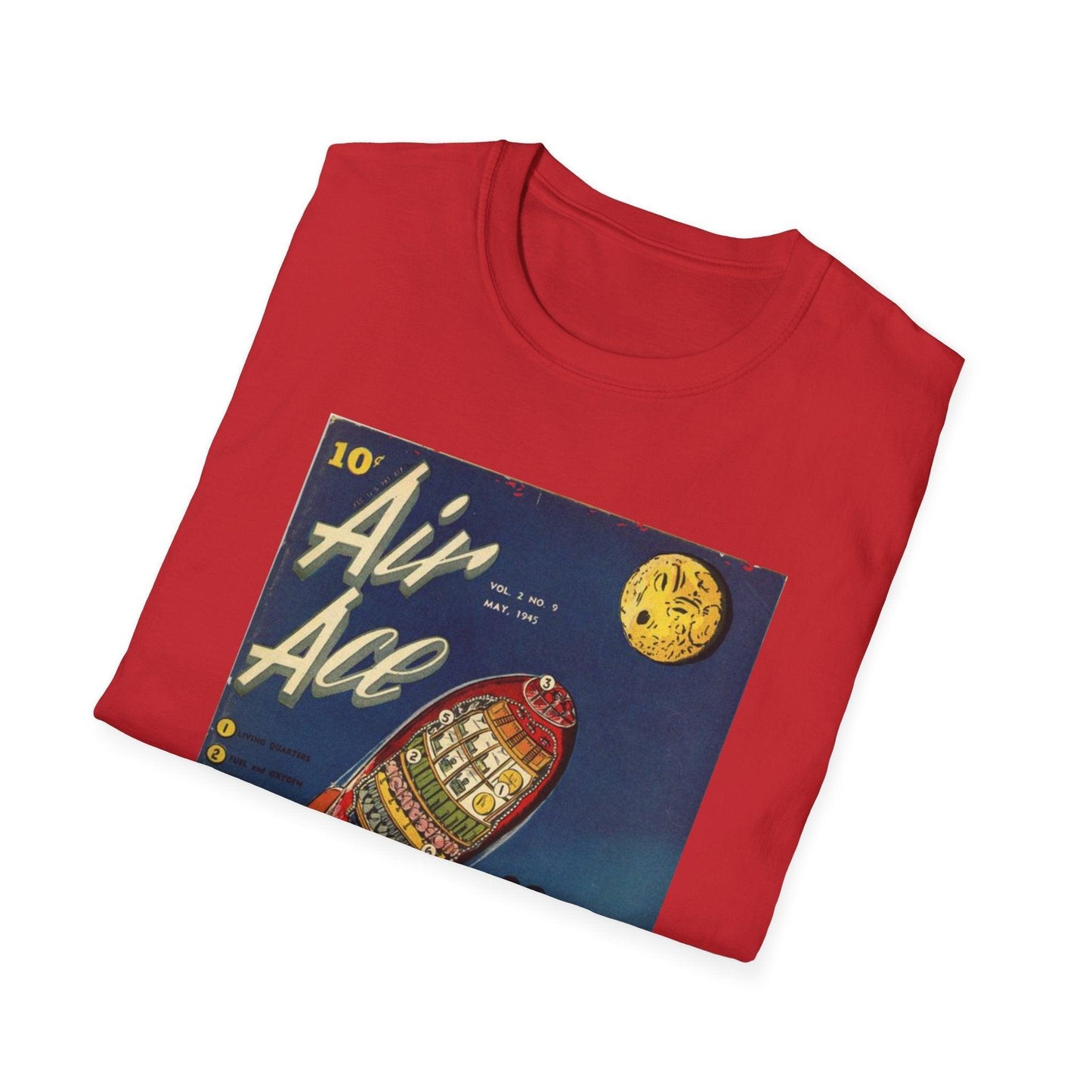 Close-up of the Air Ace Vol 2 No 9 unisex softstyle T-shirt’s crew neckline and smooth cotton-blend fabric in deep navy