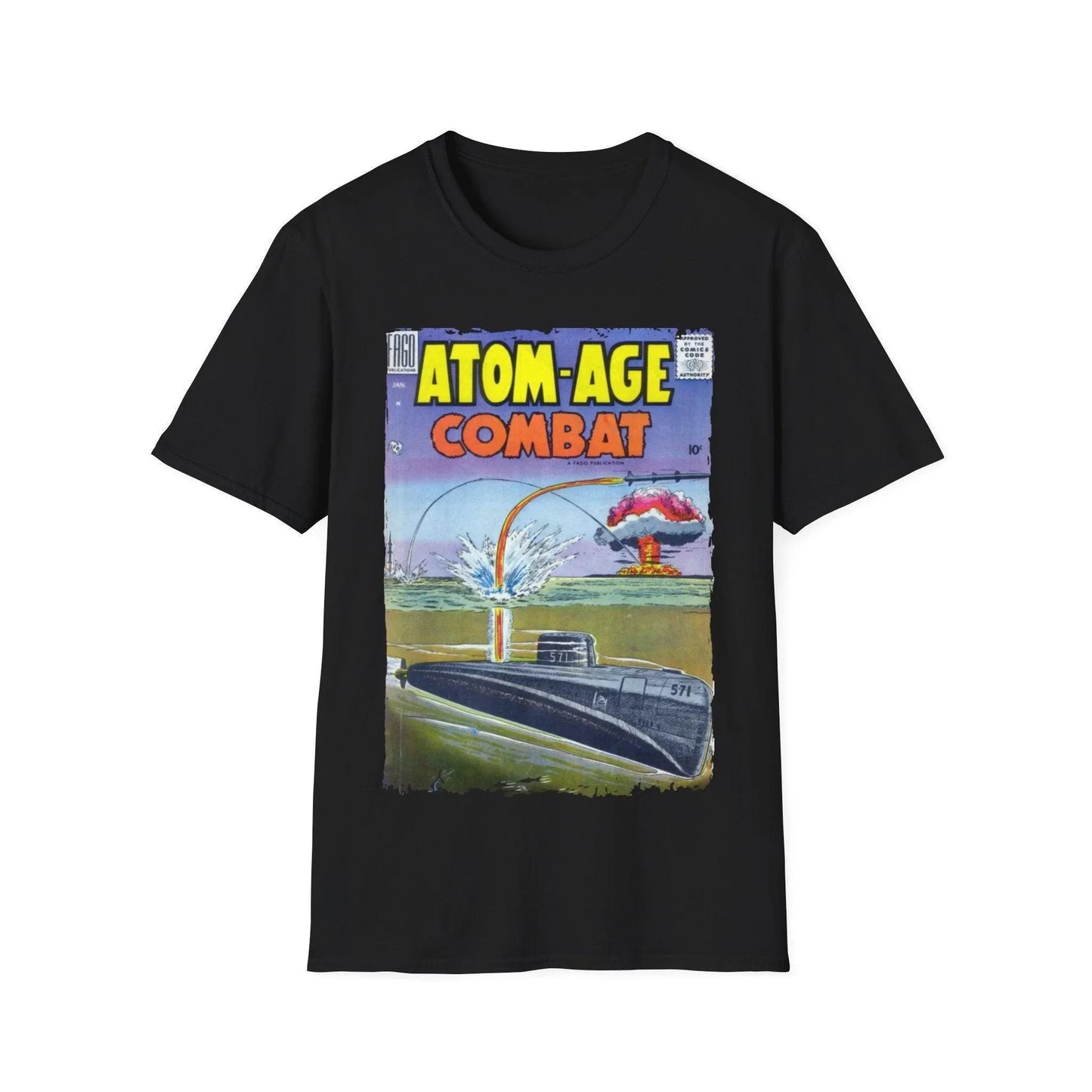 Printify Atom-Age Combat No.2 unisex softstyle cotton T-shirt with crew neck, regular fit, black color, DTG print design