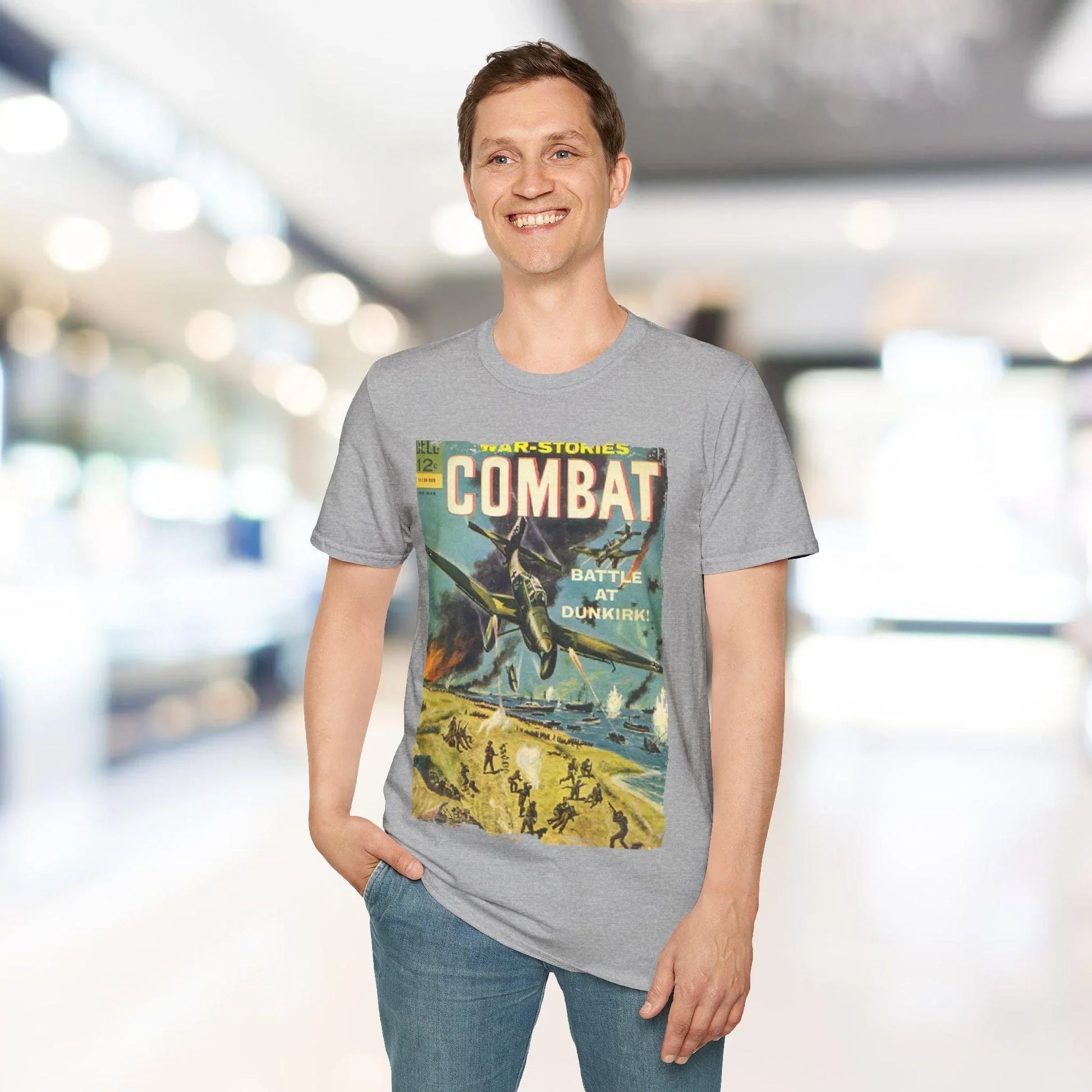 Close-up of the Combat March 1965 logo printed on the teal fabric’s chest, highlighting the soft cotton blend and relaxed