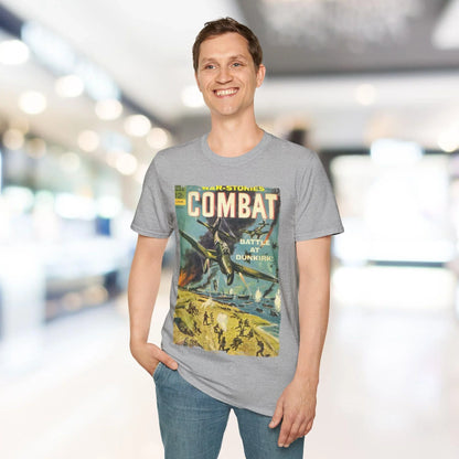 Close-up of the Combat March 1965 logo printed on the teal fabric’s chest, highlighting the soft cotton blend and relaxed