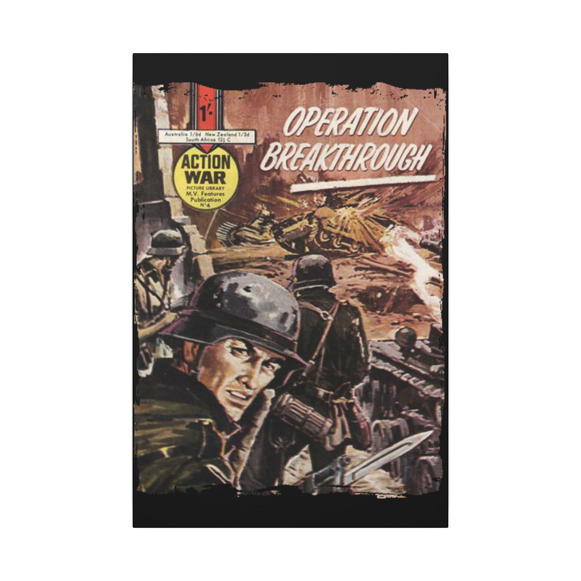 Close-up of the canvas surface revealing textured brushstrokes and subtle color variations in Action War #4 artwork.