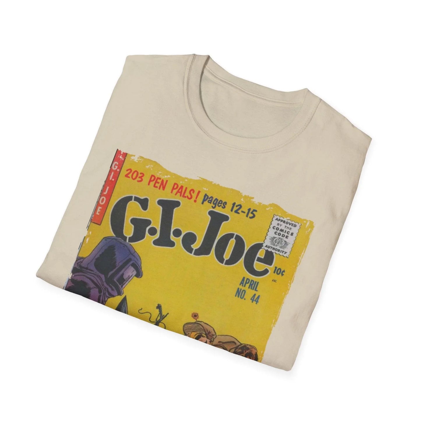 Close-up of the G.I. Joe No.44 softstyle T-shirt's 100% cotton fabric showing smooth texture and subtle heather pattern on