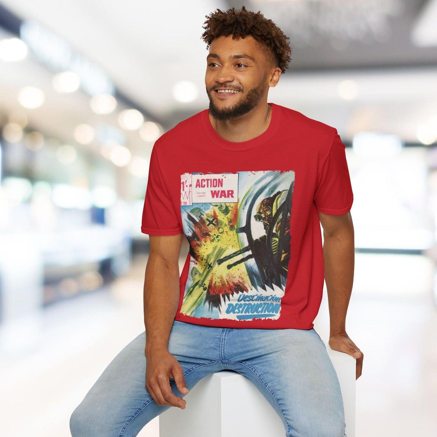 Close-up of the unisex softstyle fabric showing smooth, relaxed fit in navy color with subtle stitching details and crew