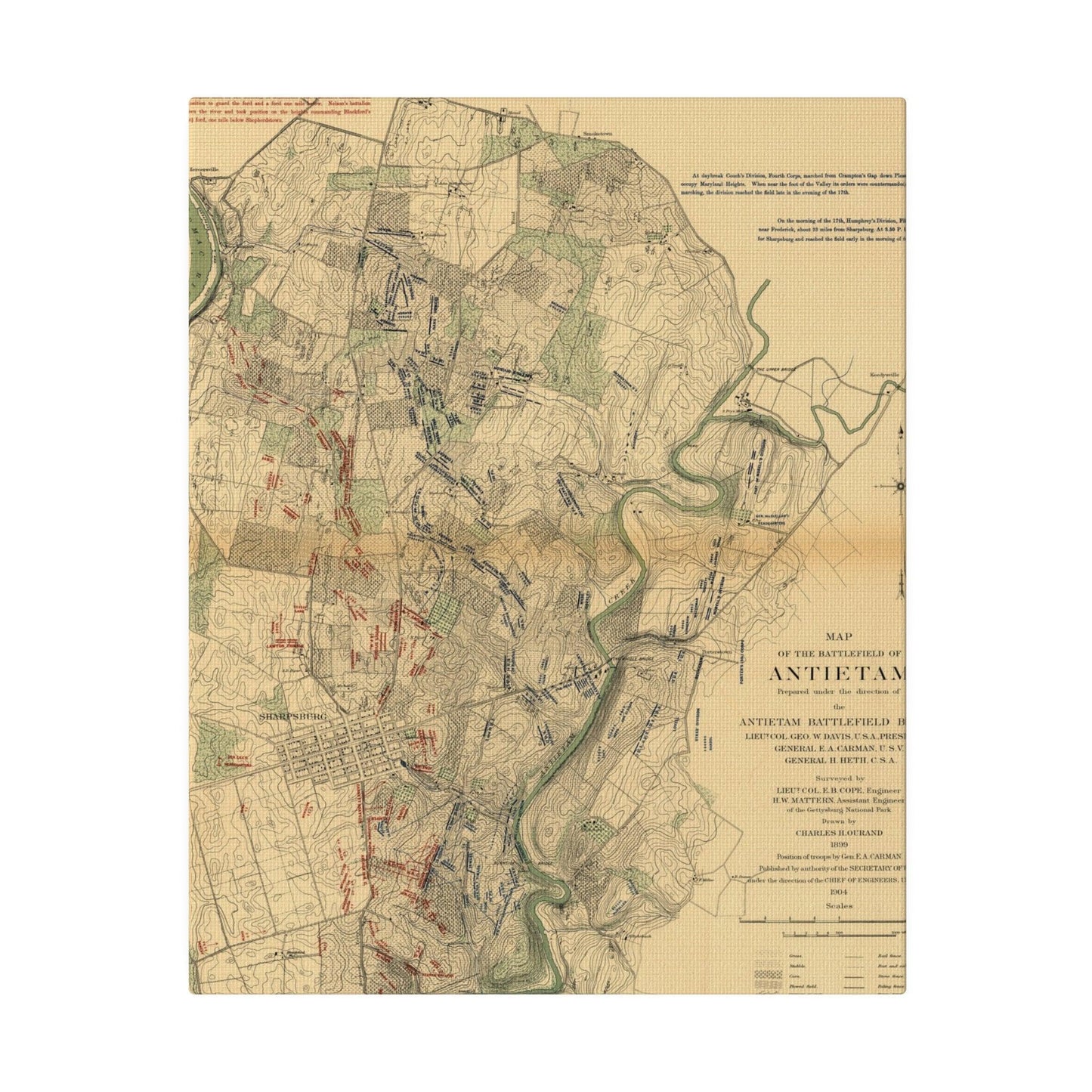 Close-up of textured canvas showing detailed brushstrokes and aged finish highlighting the historical scene.