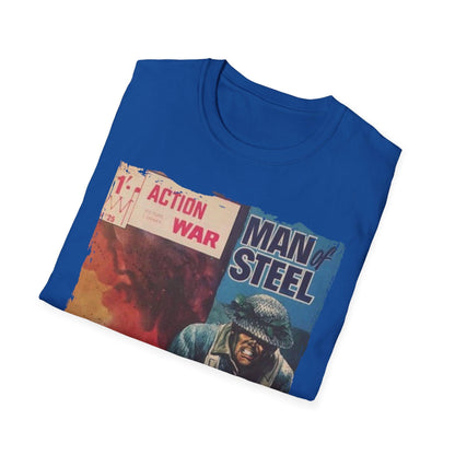 Close-up of the unisex softstyle T-shirt neckline detailing the crew neck and subtle stitching in heather navy fabric.