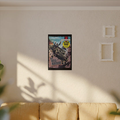 Close-up of the "Action War #9" comic canvas showing textured print details and vibrant color accents on the cover artwork.