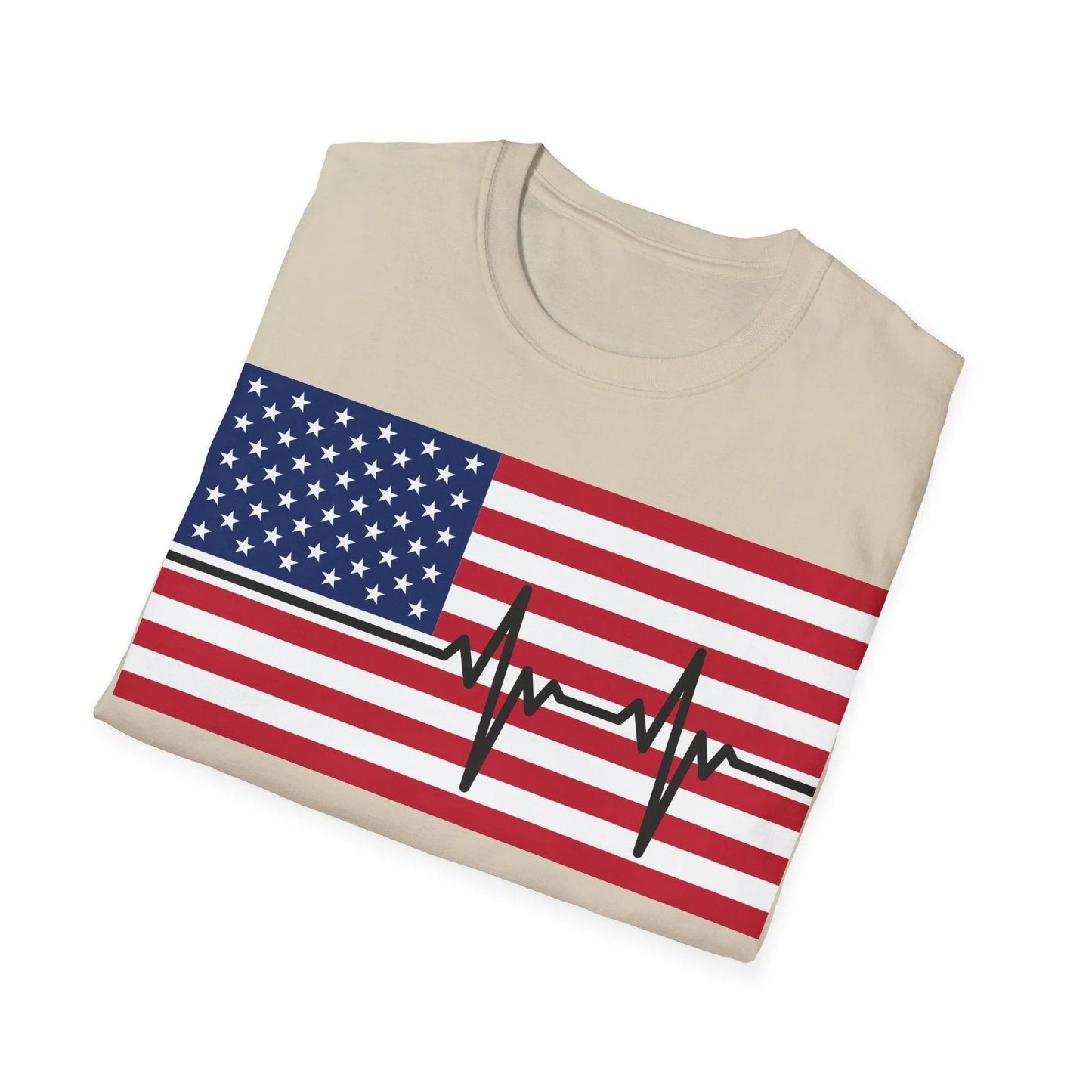 Close-up of the unisex soft cotton fabric displaying the vibrant American flag heartbeat print on the chest area