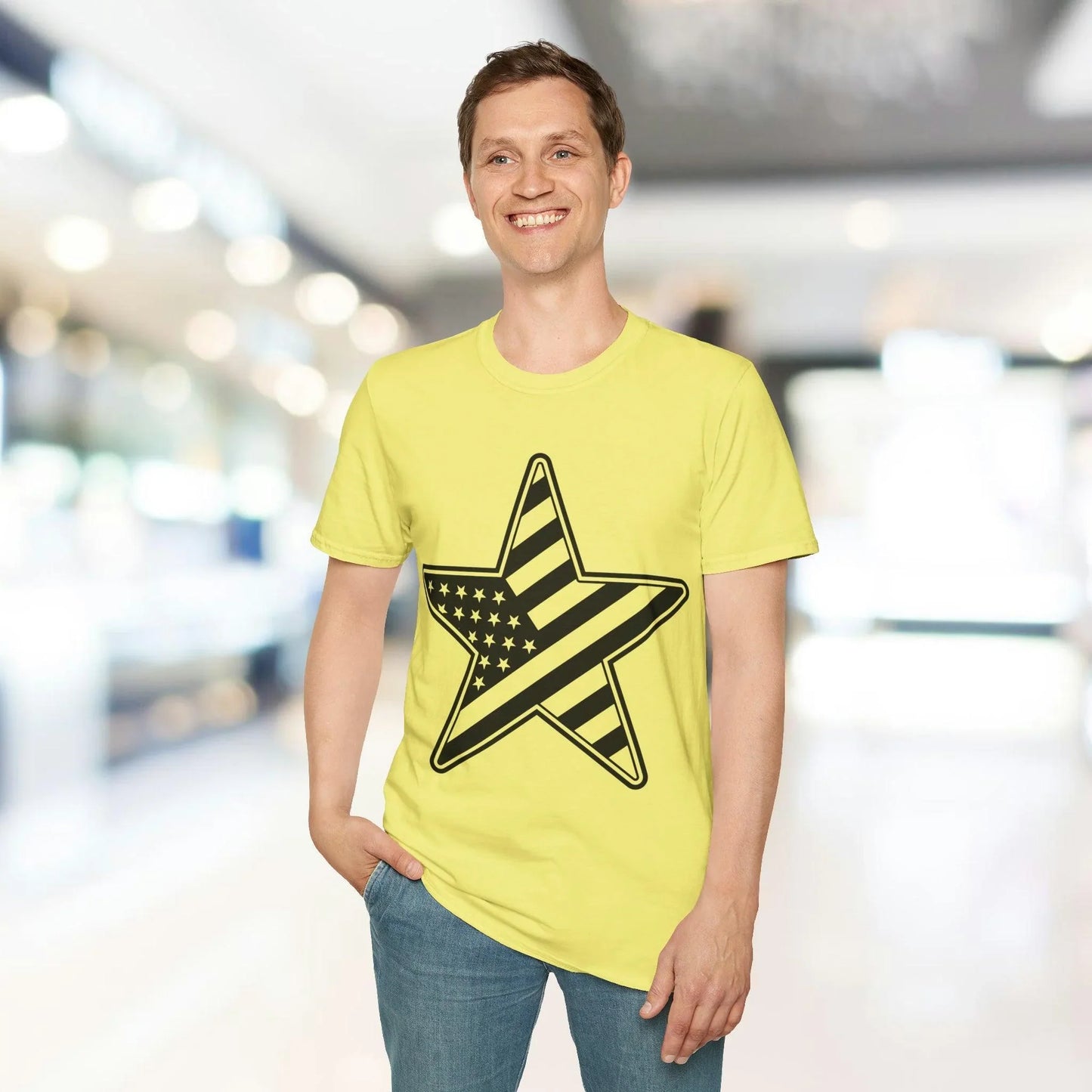 Close-up of American Flag Star B&W graphic on soft cotton fabric displaying detailed star pattern and subtle fabric texture.