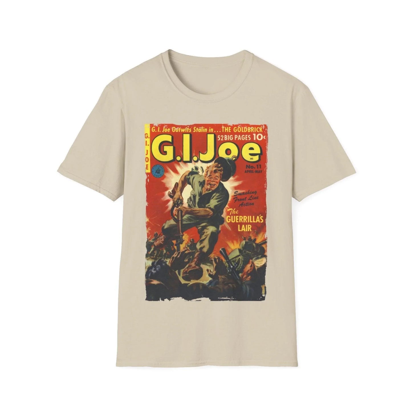 Close-up of the G.I. Joe No.11 Apr printed graphic on the chest of the unisex softstyle pastel blue T-shirt, highlighting
