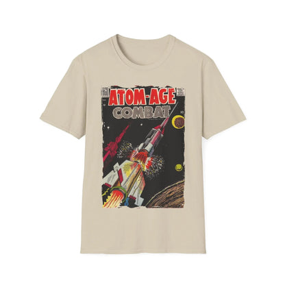 Close-up of the Atom-Age Combat No.3 unisex softstyle T-shirt fabric displaying the smooth cotton blend texture and subtle