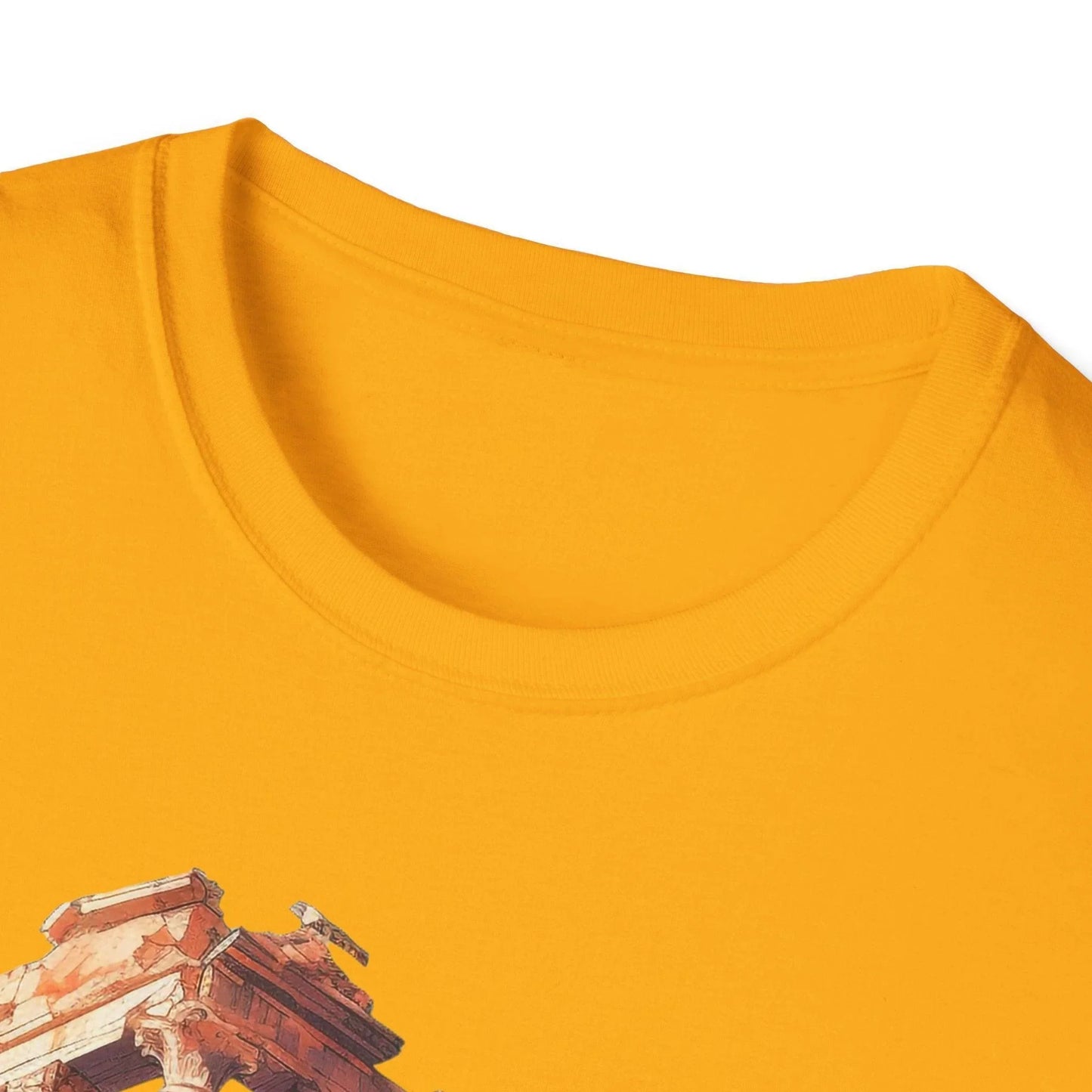 Rear view of the Ancient Bldg 4 unisex softstyle T-shirt showcasing relaxed fit, olive green color, and subtle neckline