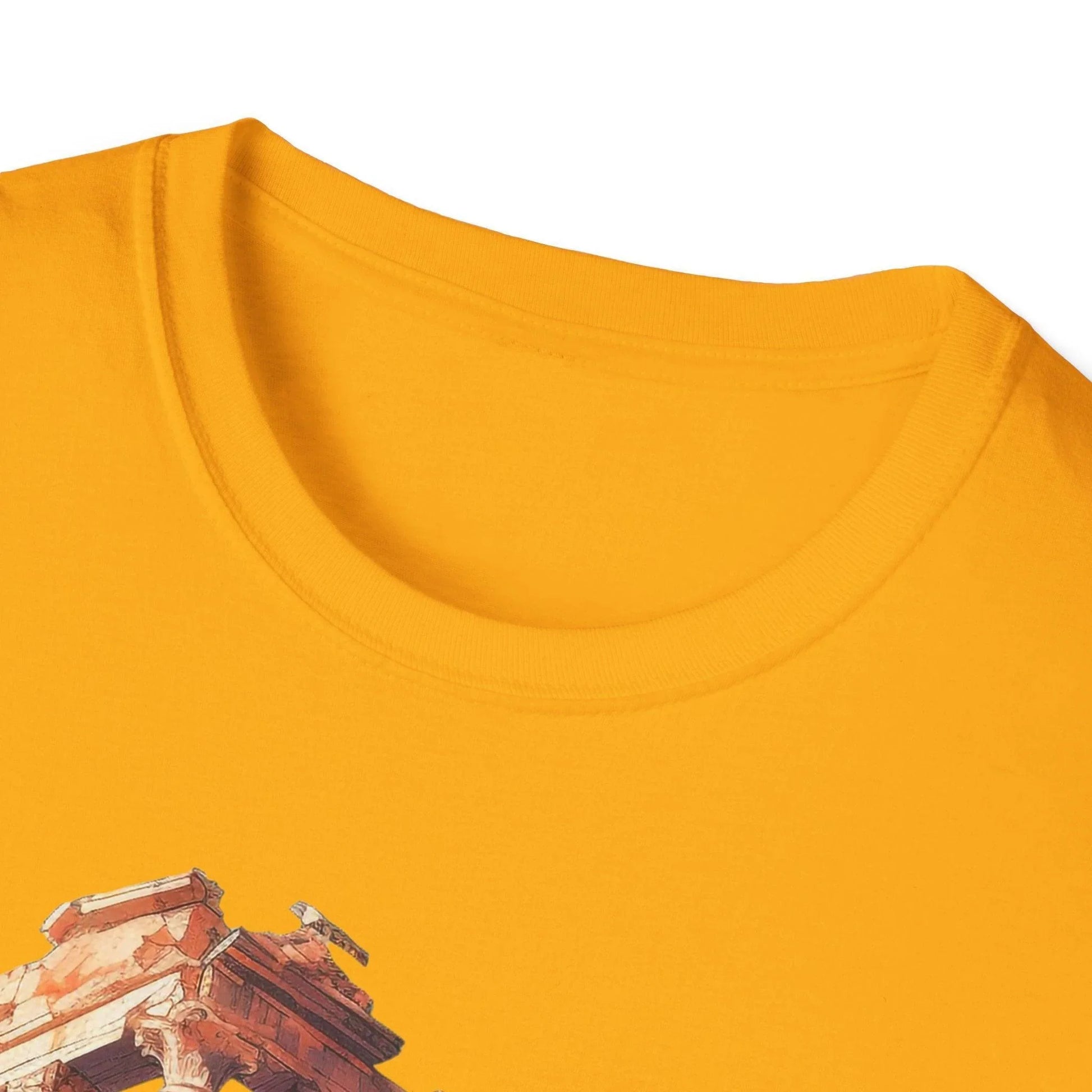 Rear view of the Ancient Bldg 4 unisex softstyle T-shirt showcasing relaxed fit, olive green color, and subtle neckline