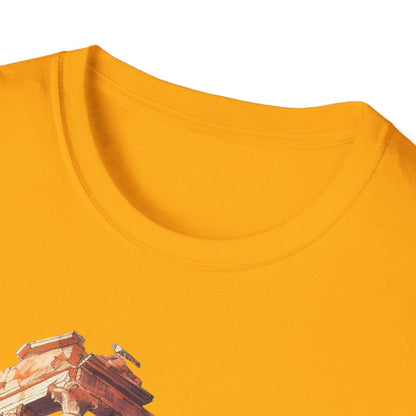 Rear view of the Ancient Bldg 4 unisex softstyle T-shirt showcasing relaxed fit, olive green color, and subtle neckline