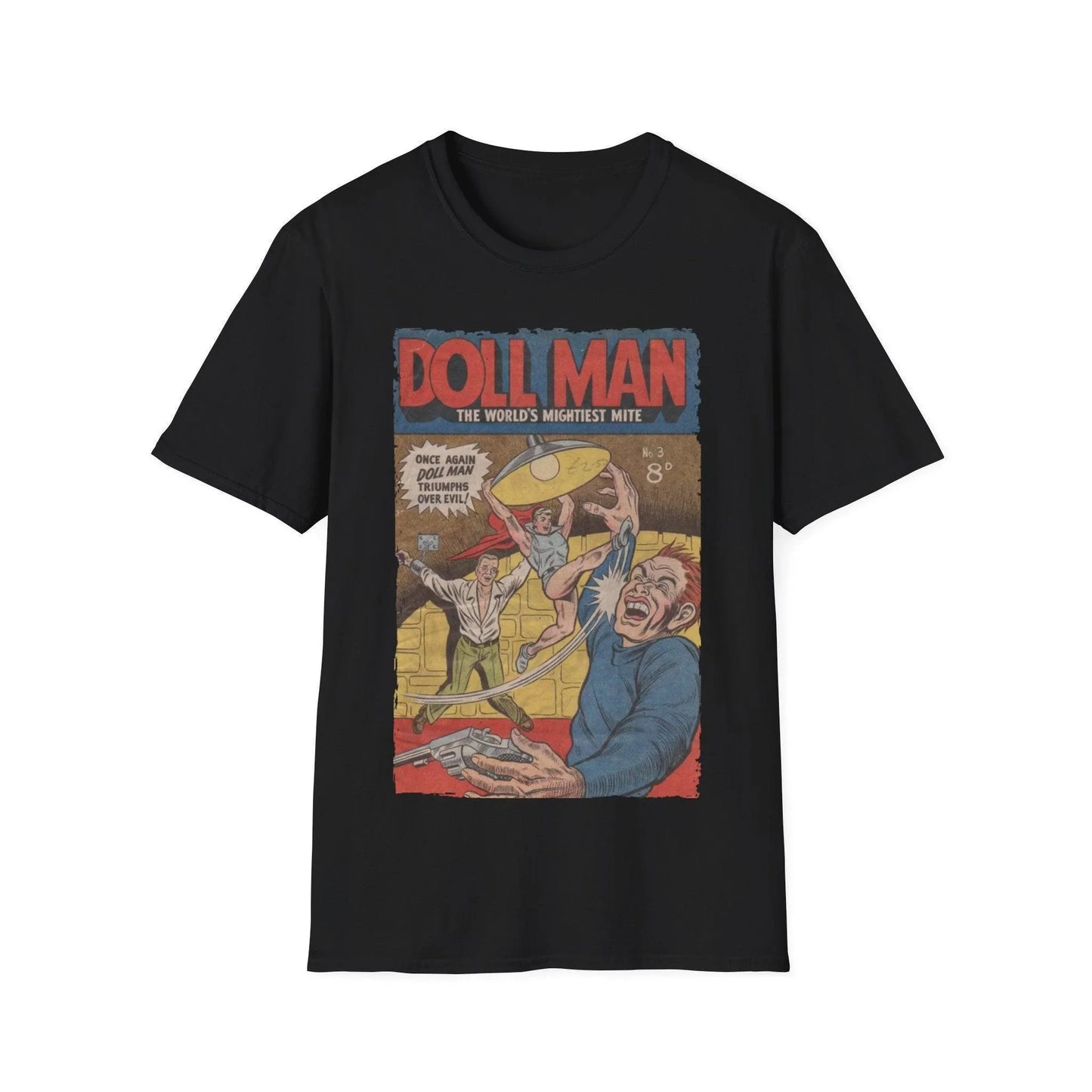 Printify Doll Man No.3 unisex softstyle T-shirt in navy, cotton fabric, crew neck, regular fit, short sleeves, DTG print