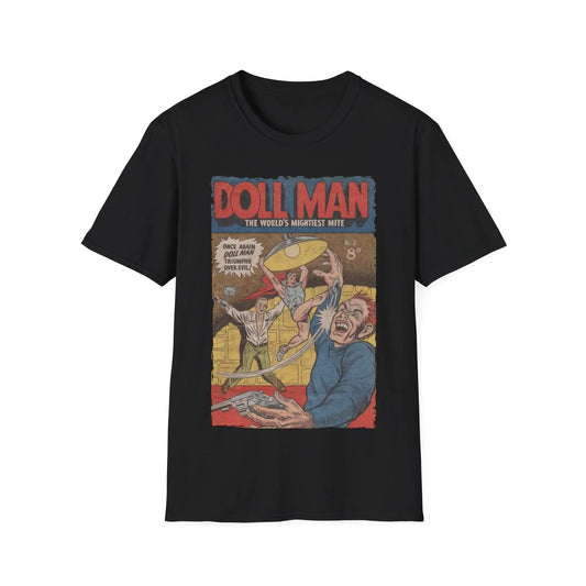 Printify Doll Man No.3 unisex softstyle T-shirt in navy, cotton fabric, crew neck, regular fit, short sleeves, DTG print