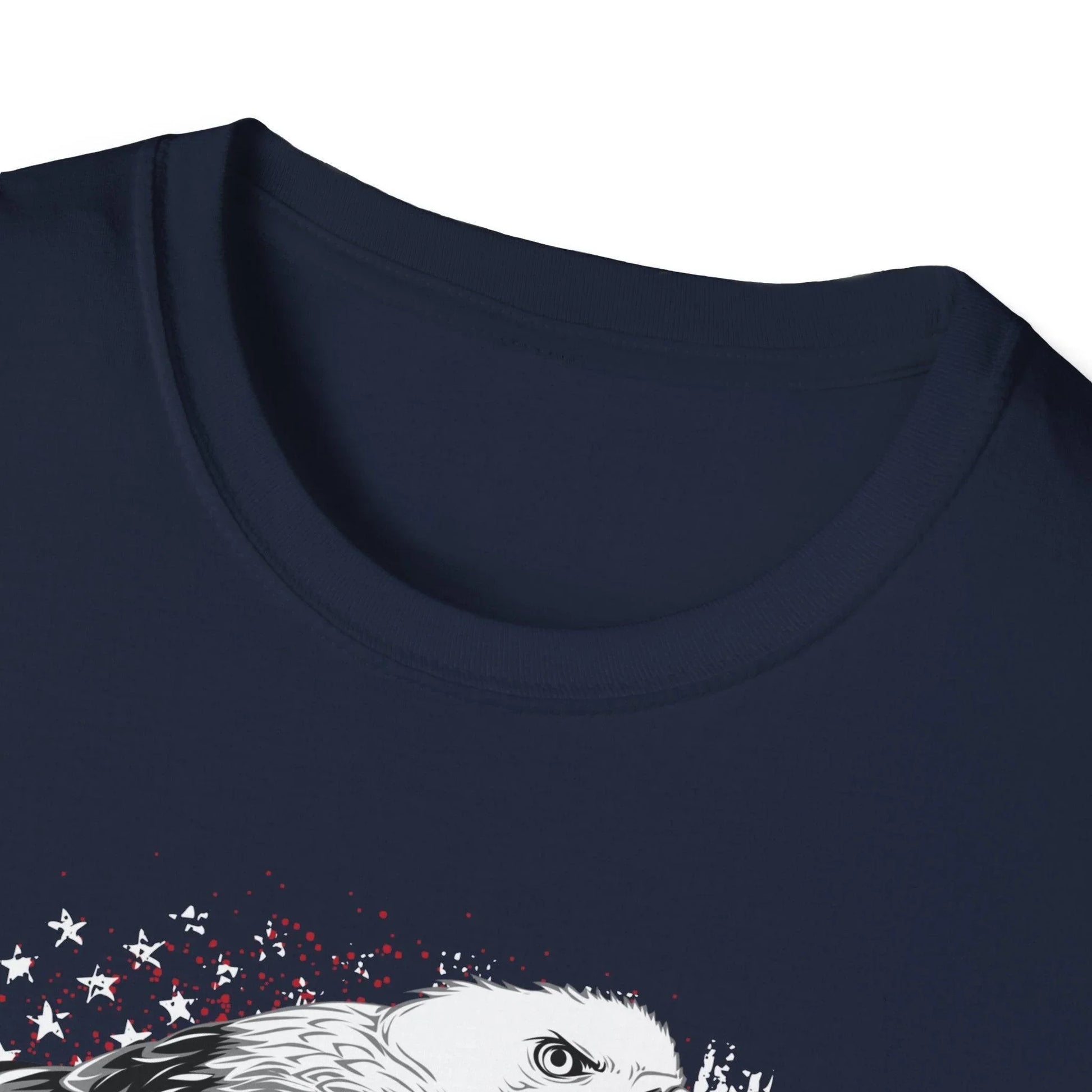 Close-up of the American Veteran unisex softstyle T-shirt's navy fabric texture and subtle stitching detail near the neckline