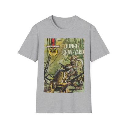 Close-up of the unisex softstyle fabric displaying smooth, heathered navy material and subtle stitching details on the chest