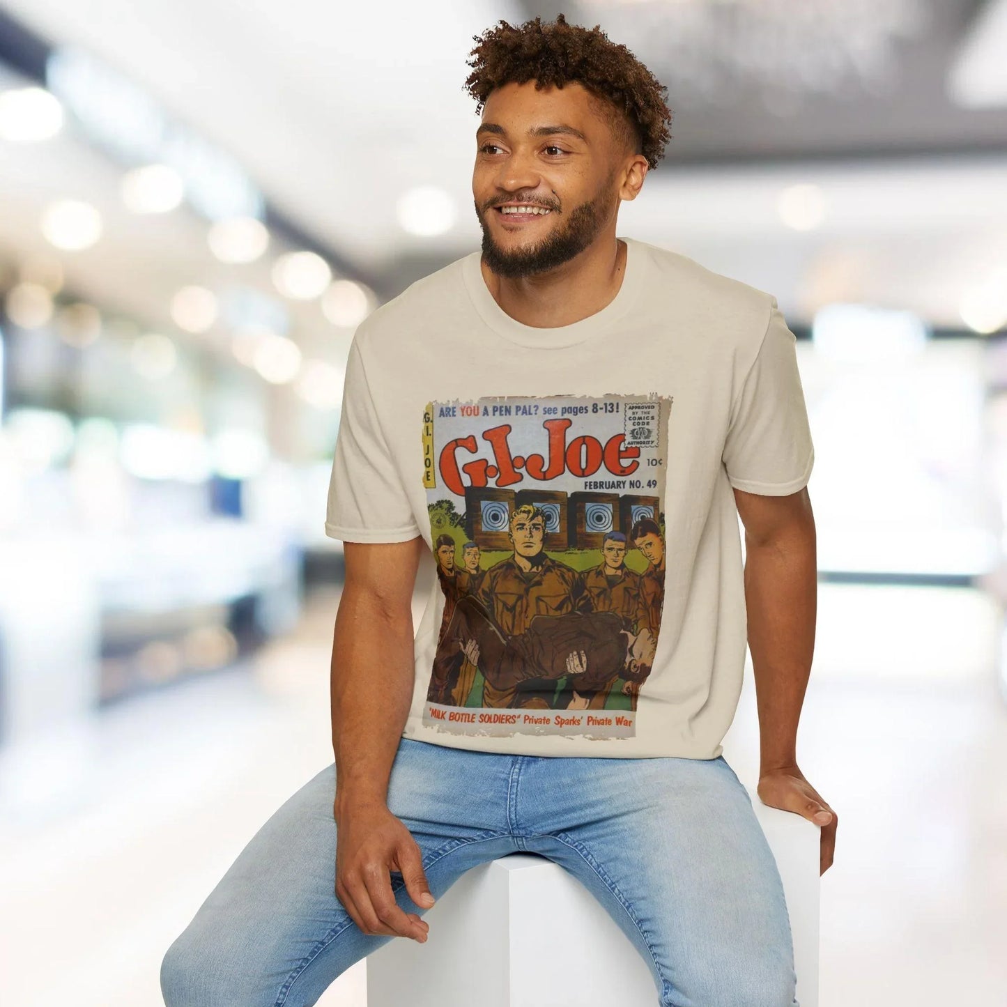 Close-up of the G.I. Joe No.49 unisex softstyle T-shirt fabric displaying smooth, lightweight cotton blend with a subtle