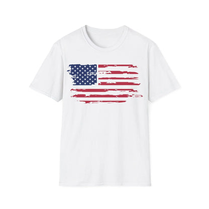 Distressed American flag print on unisex softstyle cotton crew neck T-shirt with regular fit by Printify