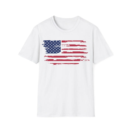 Distressed American flag print on unisex softstyle cotton crew neck T-shirt with regular fit by Printify