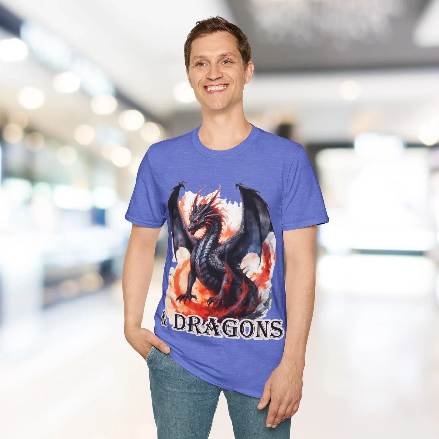 Close-up of the soft, smooth fabric texture and subtle dragon print detail around the crew neckline of the unisex relaxed