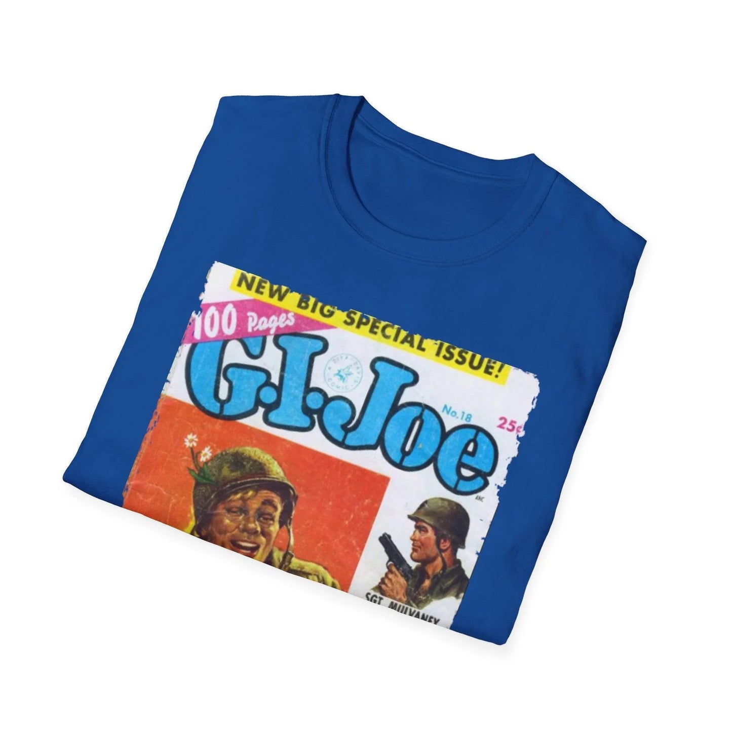 Close-up of the G.I. Joe No.18 softstyle T-shirt’s neckline and tag detail in classic navy color, highlighting smooth fabric