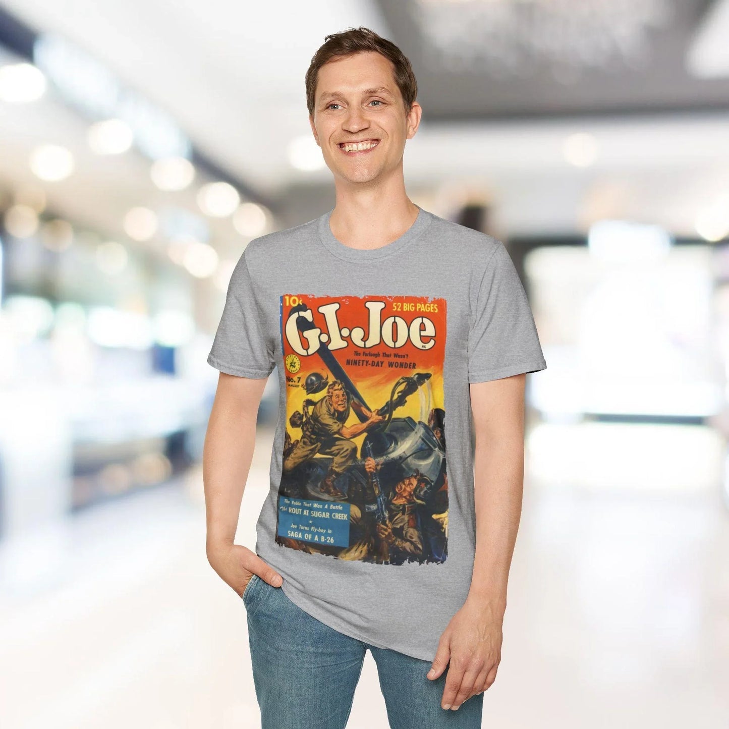 Close-up of the G.I. Joe No.7 softstyle T-shirt's fabric showing the smooth, relaxed cream-colored material and subtle