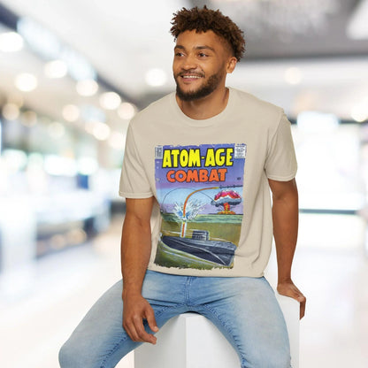 Close-up of the unisex softstyle cotton fabric texture and subtle seam detailing at the hem of the Atom-Age Combat No.2