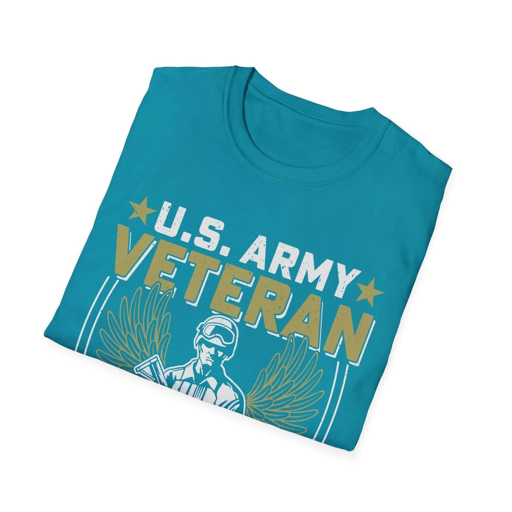 Close-up of the Army Defender of Freedom T-shirt’s navy crew neckline and reinforced stitching detail from a slight overhead