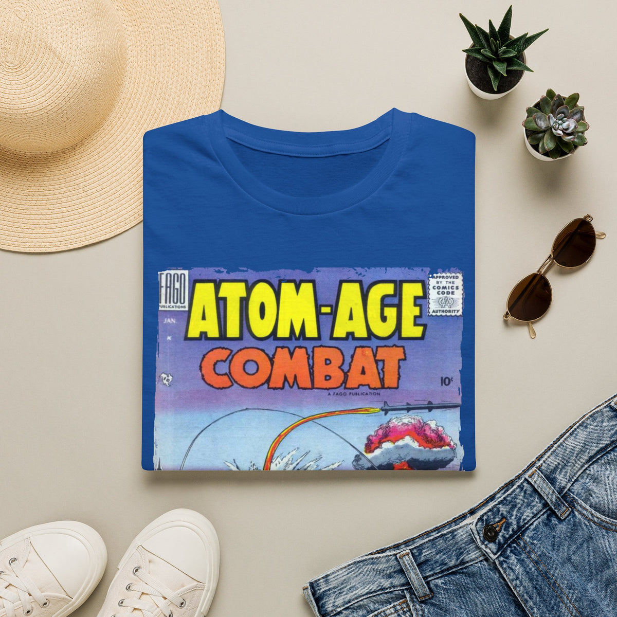 Close-up of the Atom-Age Combat No.2 T-shirt's soft cotton fabric with subtle heather texture and a glimpse of the relaxed
