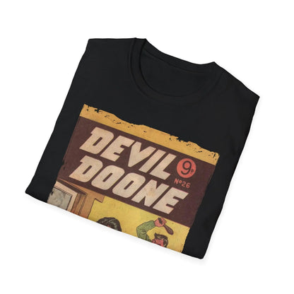 Close-up of the Devil Doone No.26 T-shirt neckline displaying reinforced stitching and the unisex relaxed fit in deep