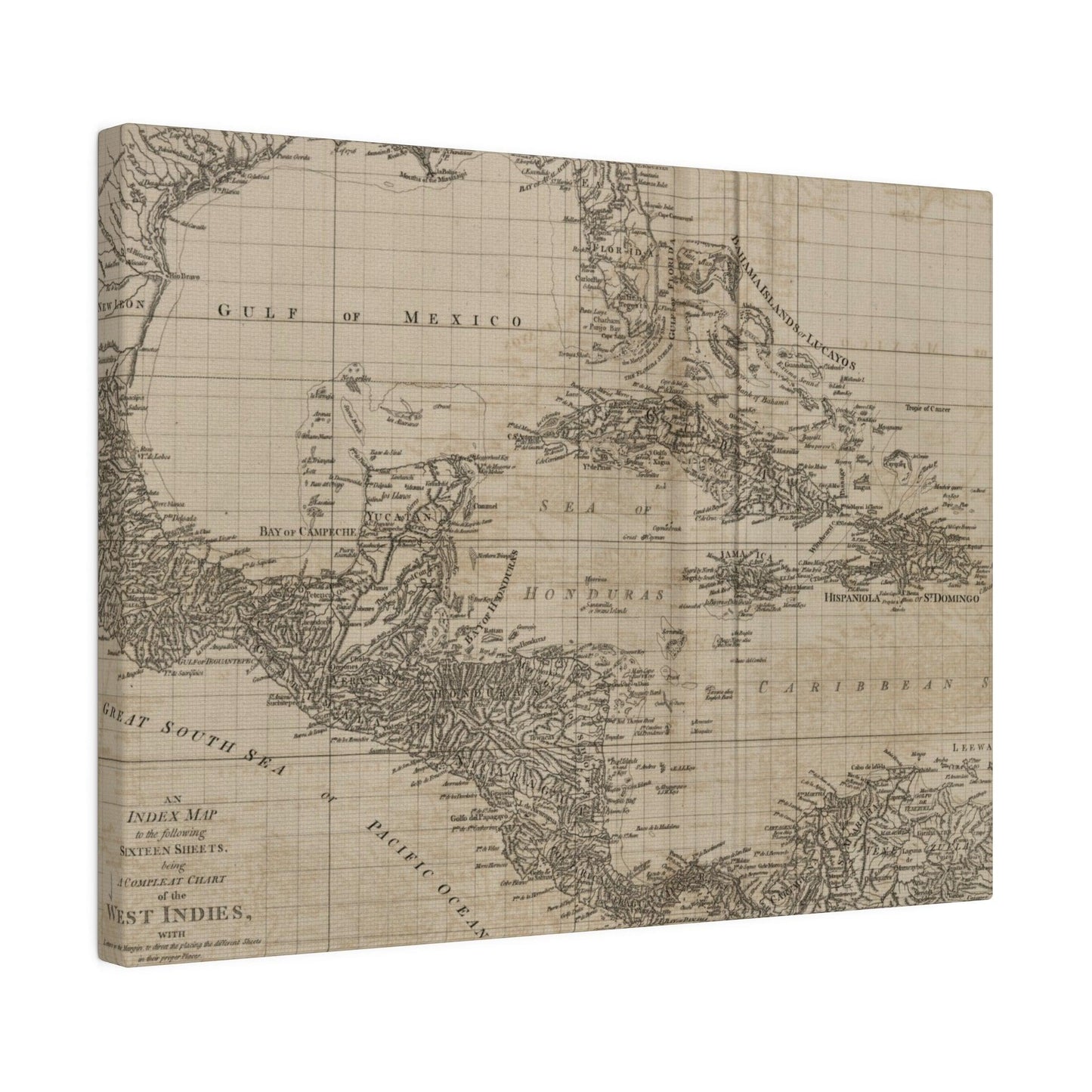 Close-up of the vintage map’s textured parchment surface and intricate West Indies island details at a slight angle