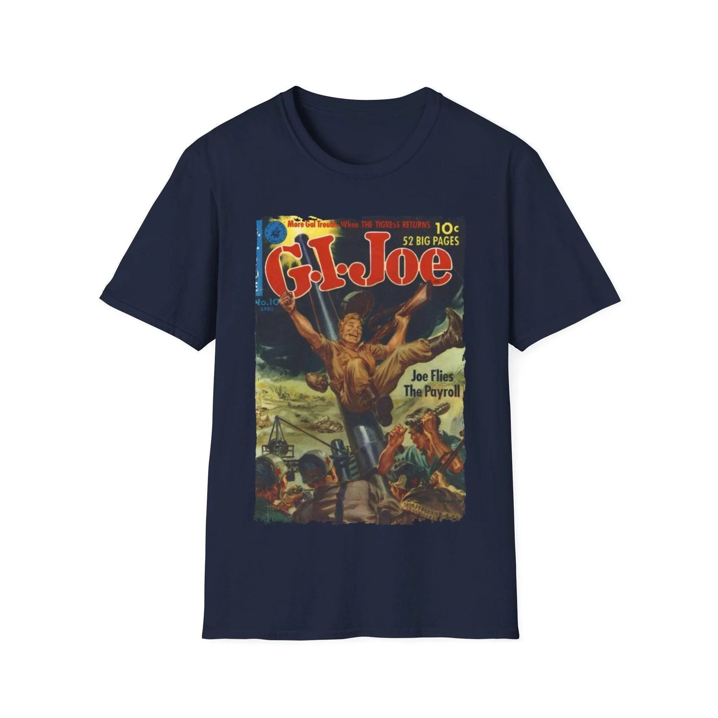 Close-up of the G.I. Joe No.10 Apr unisex softstyle T-shirt's neck and shoulder seam highlighting smooth fabric and