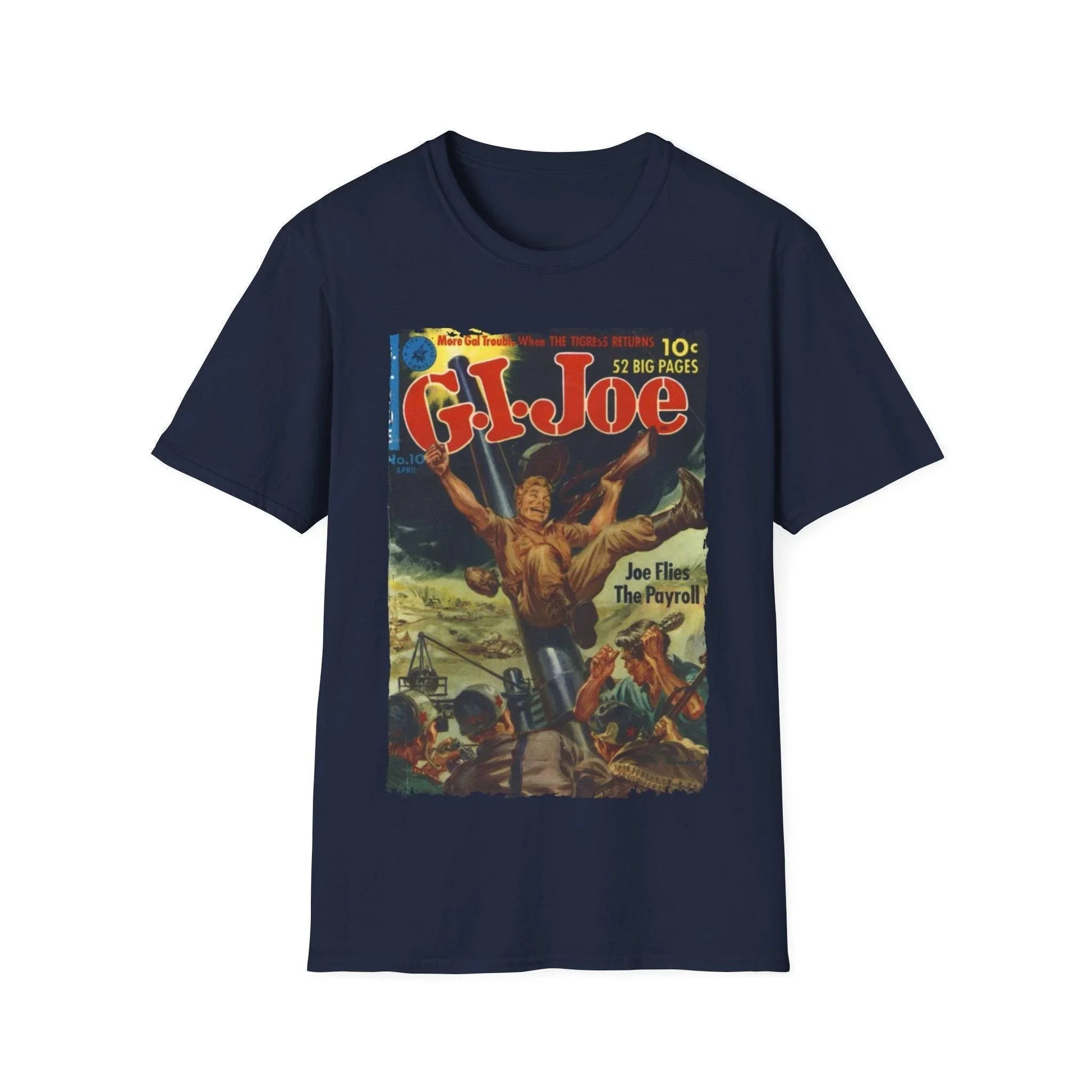 Close-up of the G.I. Joe No.10 Apr unisex softstyle T-shirt's neck and shoulder seam highlighting smooth fabric and