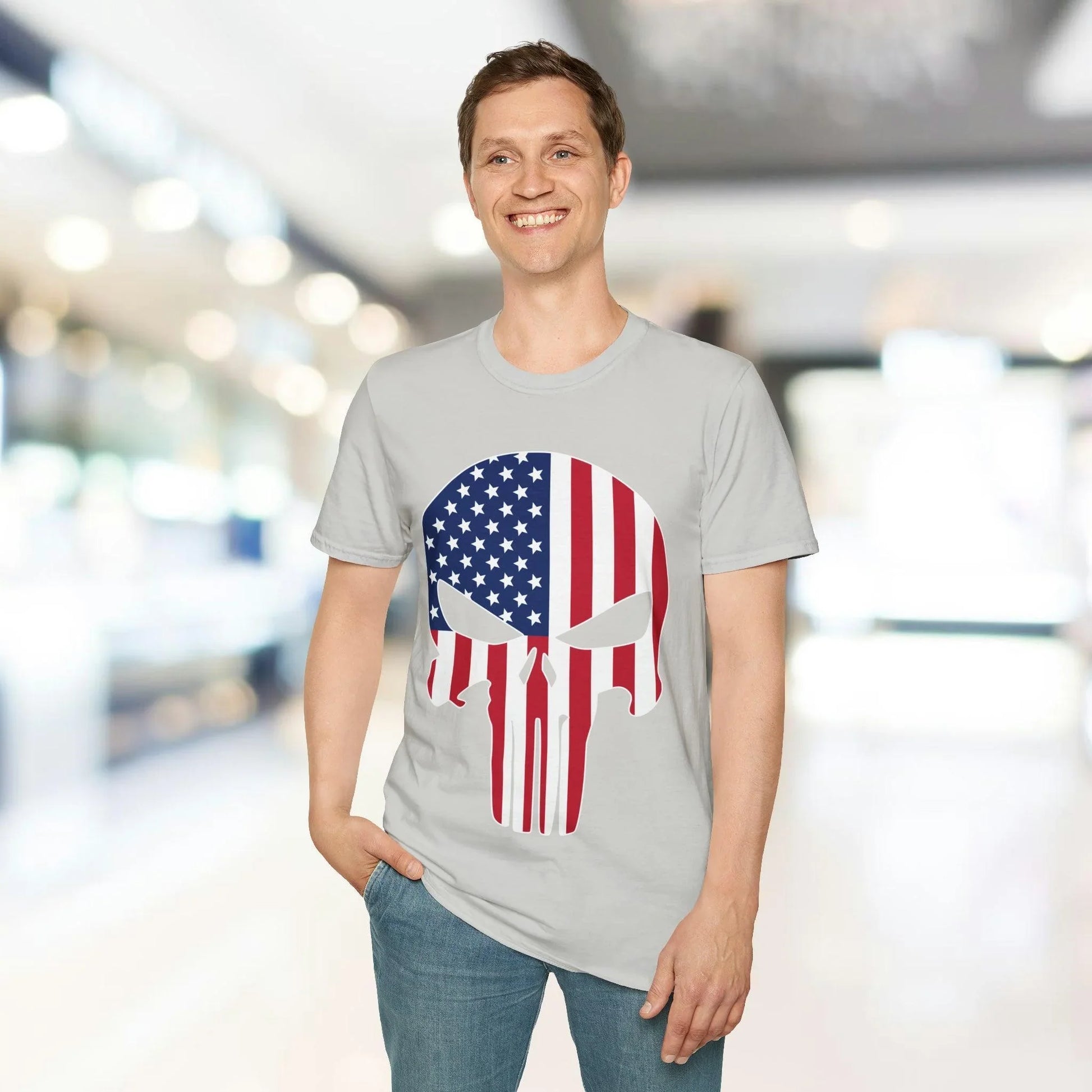 Close-up of the unisex slim fit American Skull Flag T-Shirt's vibrant printed graphic on the chest, showcasing detailed