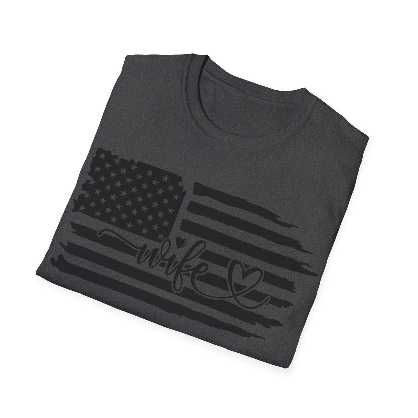 Close-up of distressed black and white American flag graphic on the unisex softstyle T-shirt’s chest, highlighting subtle
