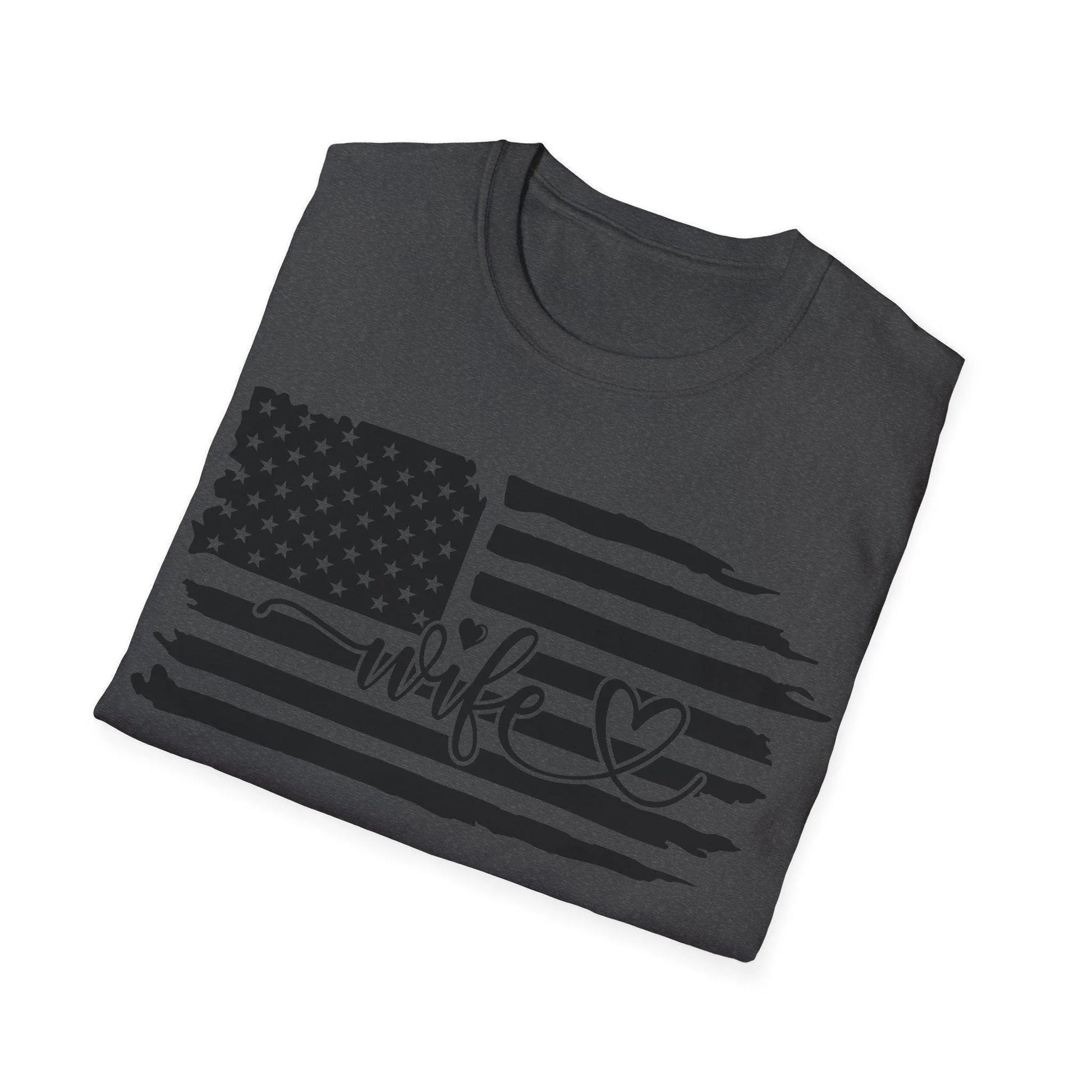 Close-up of distressed black and white American flag graphic on the unisex softstyle T-shirt’s chest, highlighting subtle